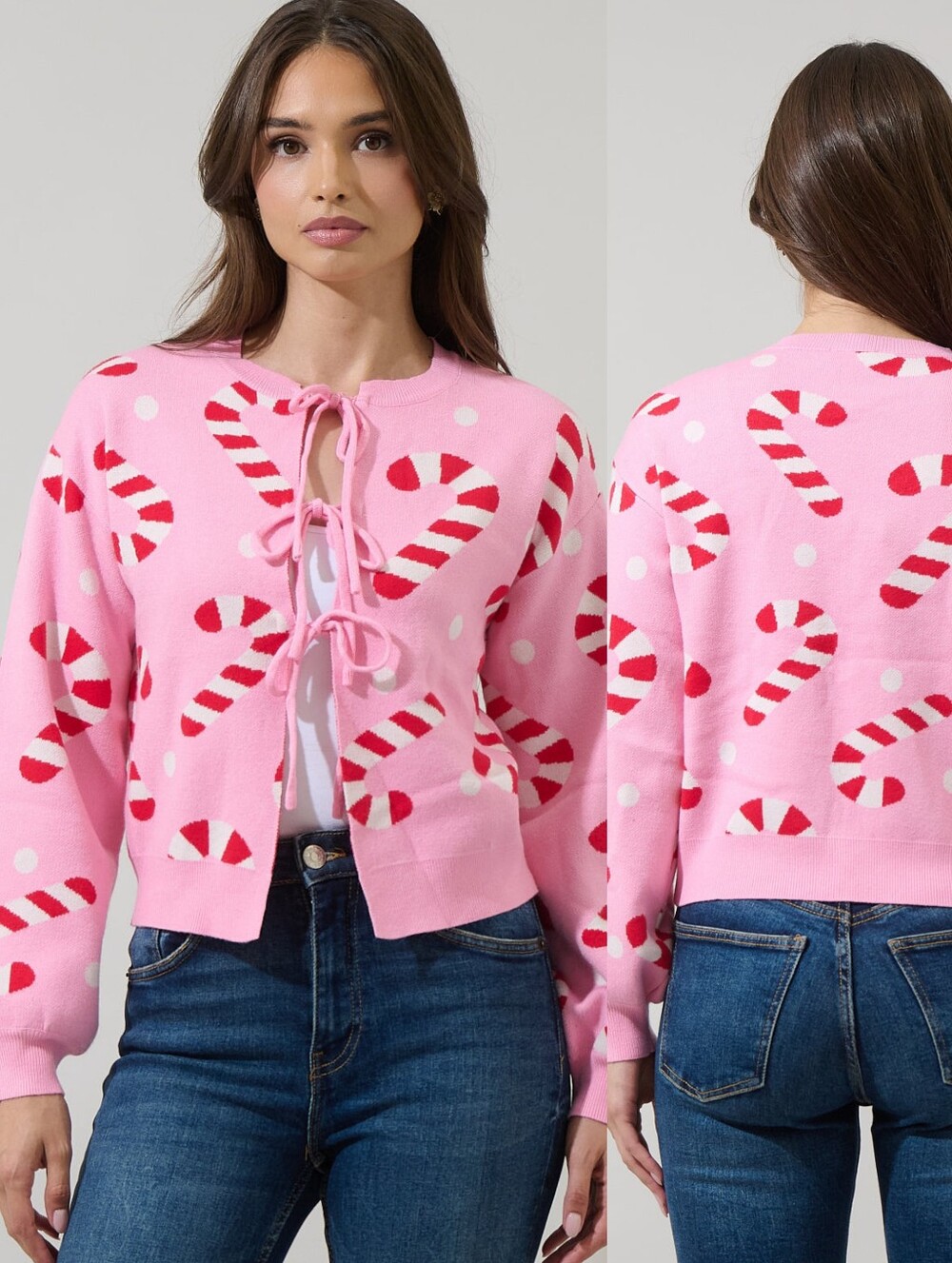 {XS} NWT AVARA Candy Cane Christmas Tie Cardigan Pink Red White